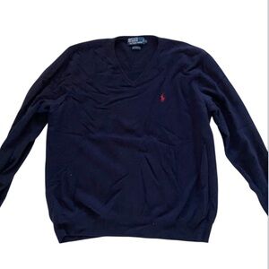 Polo by Ralph Lauren Blue V-Neck 100% Cashmere Sweater size XL, red logo